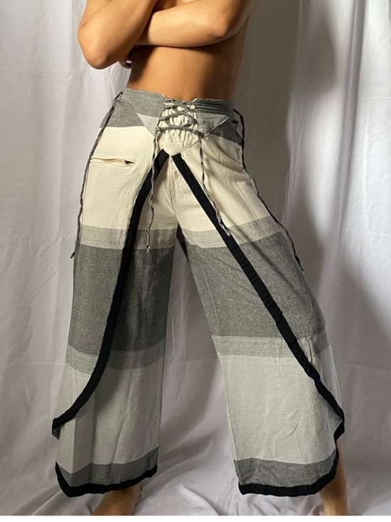 Pants - Wide Leg Striped Linen Blend Pants in Cream & Gray